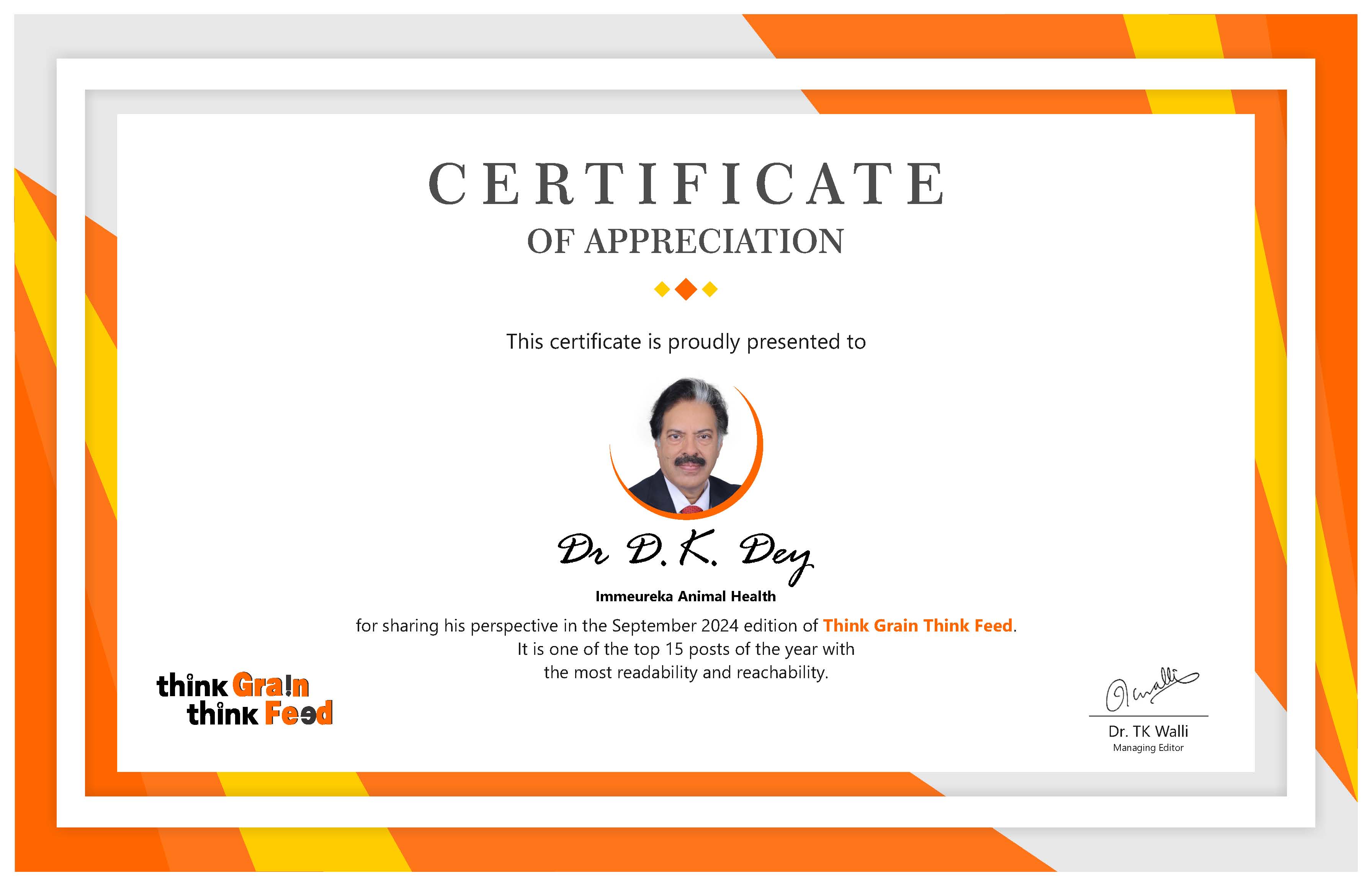 appreciation certificate of Dr. D K Dey